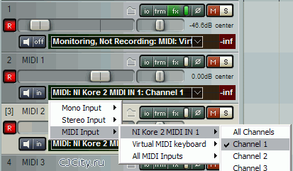 установка MIDI входных источников для MIDI треков